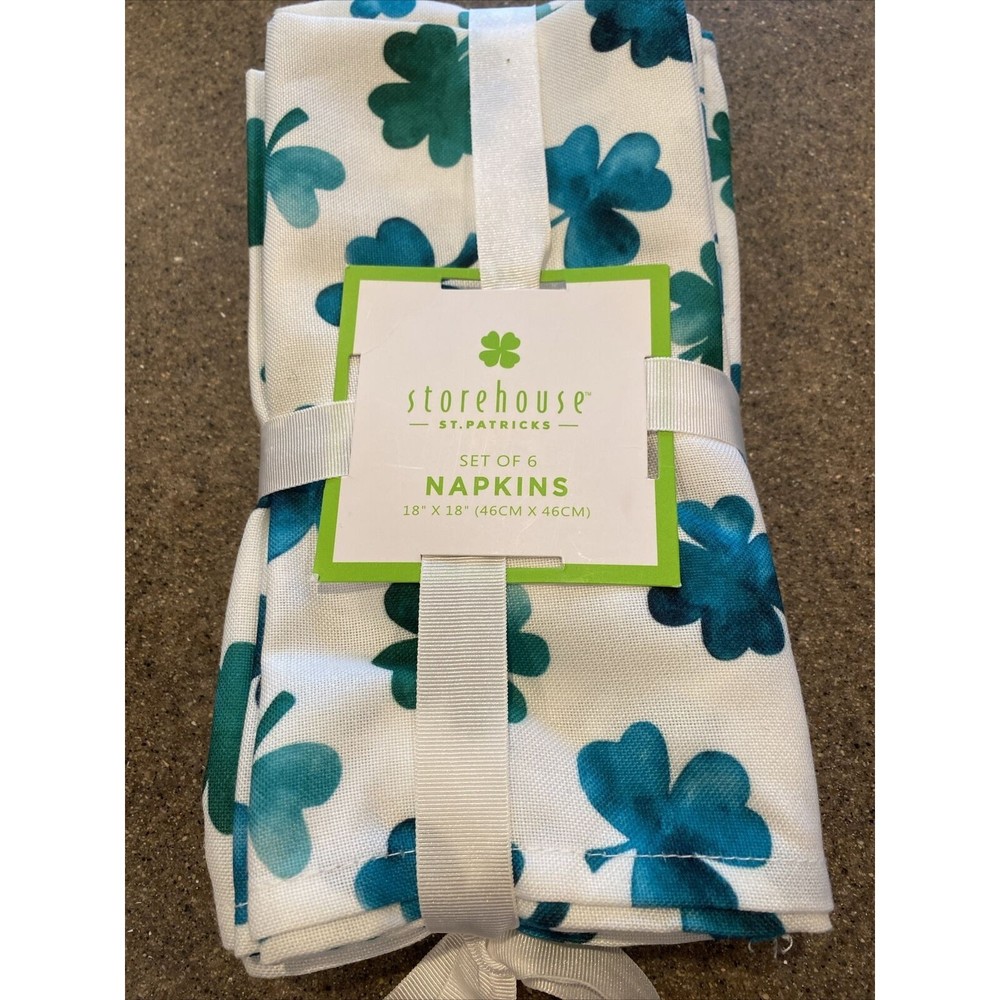 Storehouse St Patrick’s Day Shamrock Clover Fabric 18 x 18” Napkins NWT Set of 6
